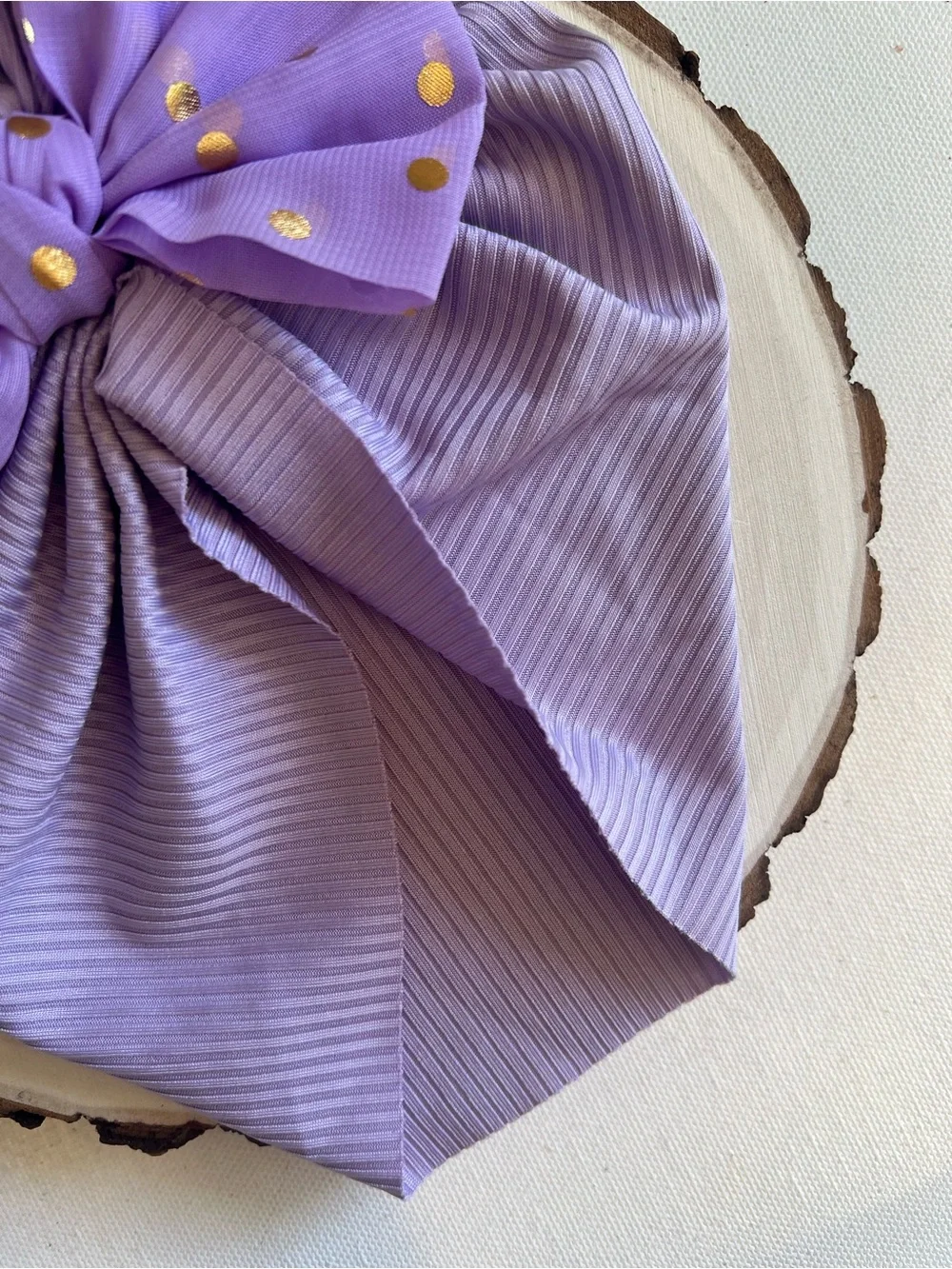 Handmade Lavender Ribbed Baby Turban Hat with Gold Polka Dot Bow NWT